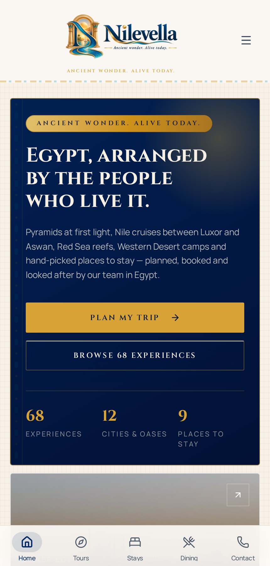 Nilevella mobile homepage with bottom tab navigation